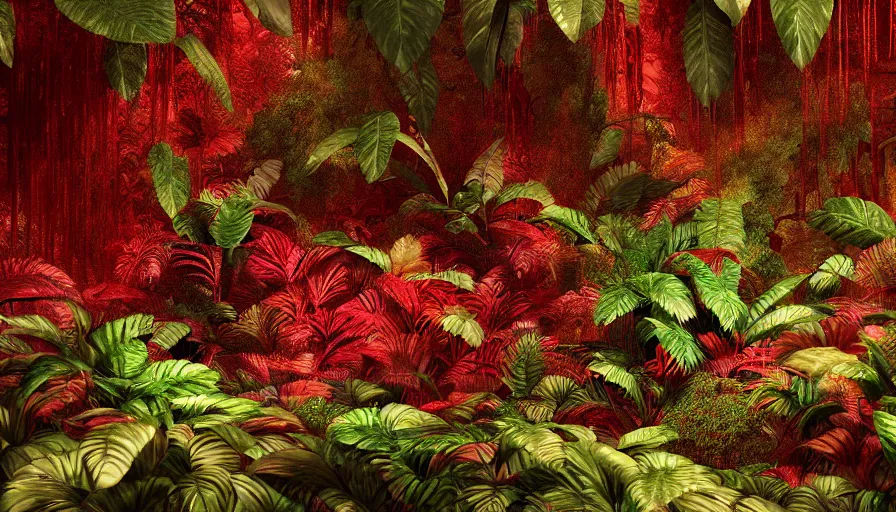 Prompt: red liquid jungle, large plants and leaves covered in red, lush but everything is dark red, beautiful crimson colored render, cinematic lighting, trending on artstation, elaborate, detailed, digital painting, elaborate matte painting