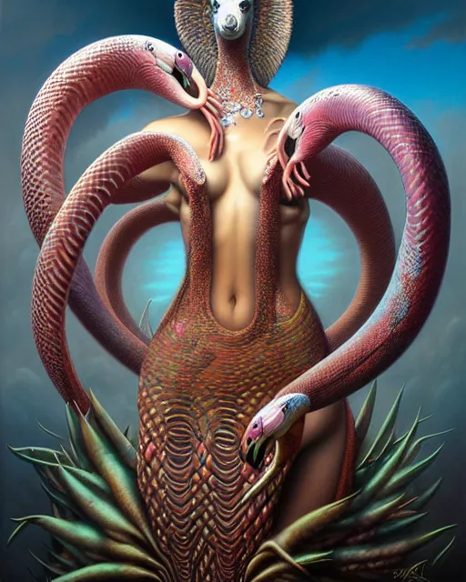 Prompt: a detailed portrait of dreampunk flamingo python hybrid mix goddess by tomasz alen kopera and peter mohrbacher