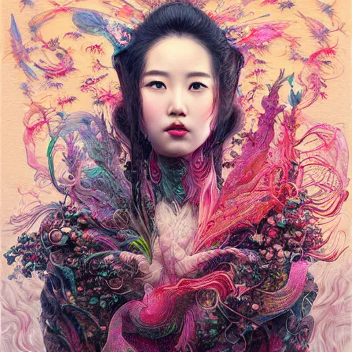 Image similar to portrait of liu yifei, hyper detailed masterpiece, neon floral pattern, jean giraud, digital art painting, darkwave goth aesthetic, psychedelic, artgerm, donato giancola and tom bagshaw