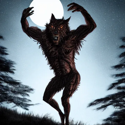 Image similar to man ripping off his skin turning into a werewolf, forest scenery, full moon, illuminated lighting, highly detailed, 4 k