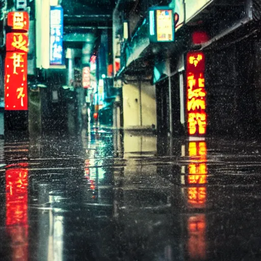 Image similar to a rainy cyuberpunk neo tokyo alley with a black cat sleeping on the wet floor, photo, 4 k