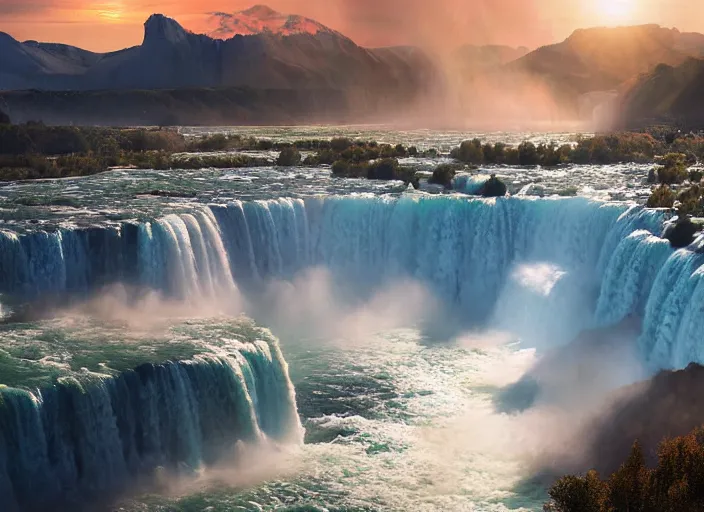 Image similar to cascade of multiple gigantic niagara falls, epic mountains in the background, sunrise, fantasy illustration, matte painting, concept art, low angle shot, volumetric lighting, volumetric atmosphere, morning mist, art by james gurney, unreal engine 5, 8 k