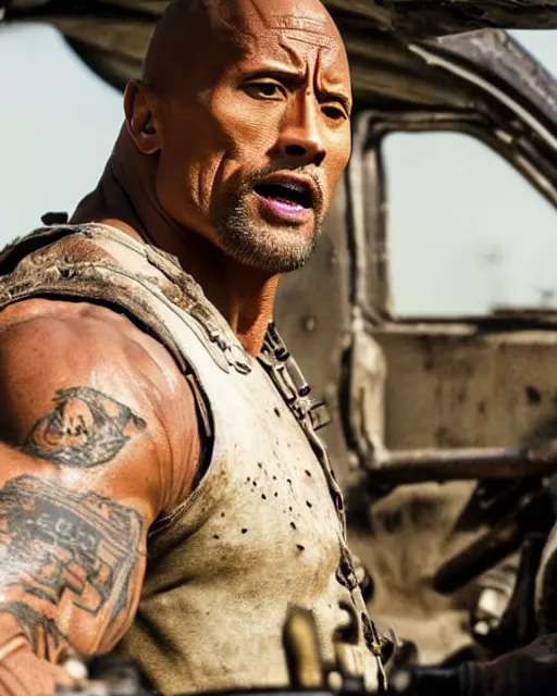 Image similar to film still close up shot of dwayne johnson as max rockatansky in the movie mad max. photographic, photography