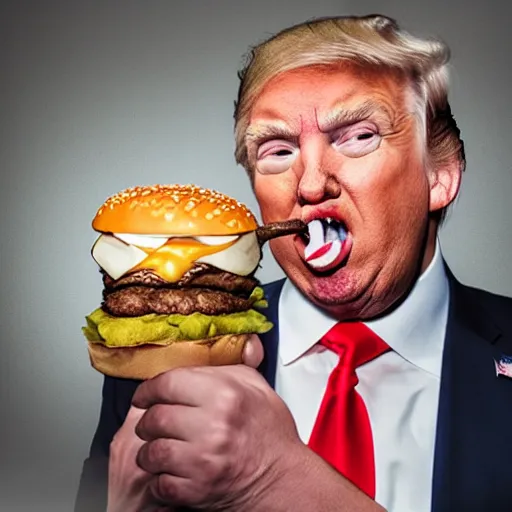 Prompt: photo still of donald trump! licking! a burger with his! tongue! out, mmmmm, moist, studio portrait photo, studio lighting, rim light, key light, food photography, 3 5 mm f 1. 8