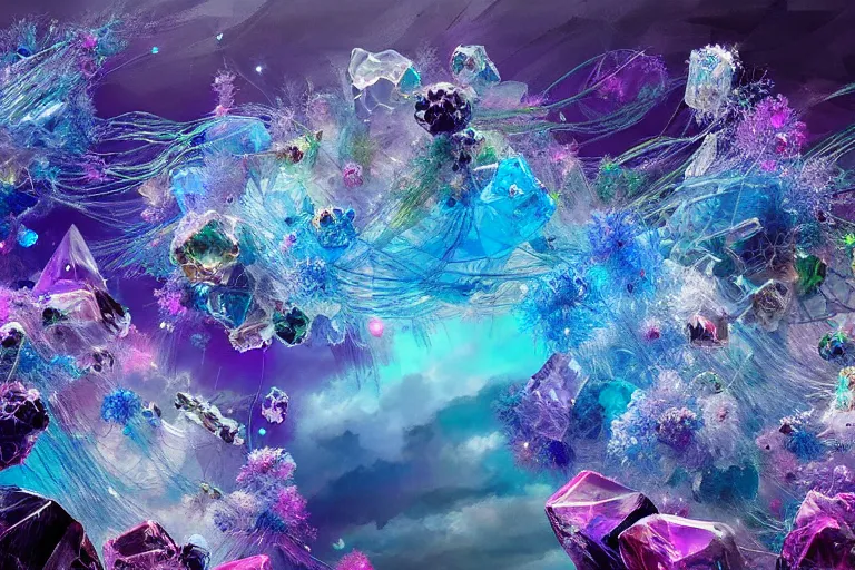 Image similar to simplicity, a flock of many ornate bioluminescent puffy filigreed clouds tangled into large whirling ultra detailed clumps of crystal specimens, abstract environment, playful, award winning art, epic dreamlike fantasy landscape, ultra realistic,