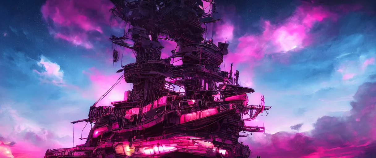 Image similar to mohawk, portrait big dark punk, space, hyperdetailed illustration, stars, pink, neon, oil painting, rich deep colors masterpiece, pirate neon ship, ultra detailed, contrast, heaven pink, clouds, volumetric light, atmospheric lighting, dramatic, cinematic, moody, octane render 4 k, 8 k