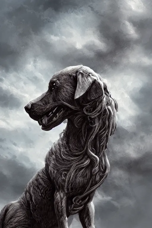 Prompt: Dog as a god, detailed face, gorgeous, amazing, flowing hair, very muscular male body, partial anatomy, stormy background, caesar victorious, proud Emperor, crepuscular ray, intricate, highly detailed, 8K, digital painting, fantasy, artstation, concept art, sharp focus, over-shoulder shot, illustration, art by Wayne Barlowe and alphonse mucha