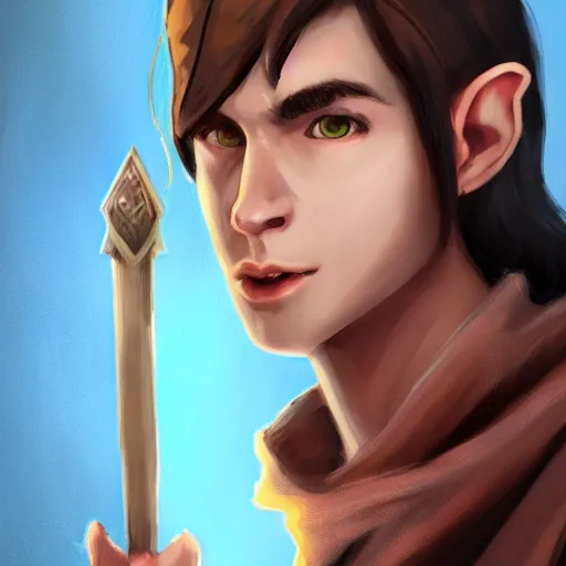 Image similar to An adolescent male half-elf wizard, focus on face, tall, slim, short brown hair, smiling, wizard robes, staff, sharp focus, highly detailed, photograph, still, cinematic, dynamic lighting, trending on artstation, digital painting, in the style of Chris Ostrowski