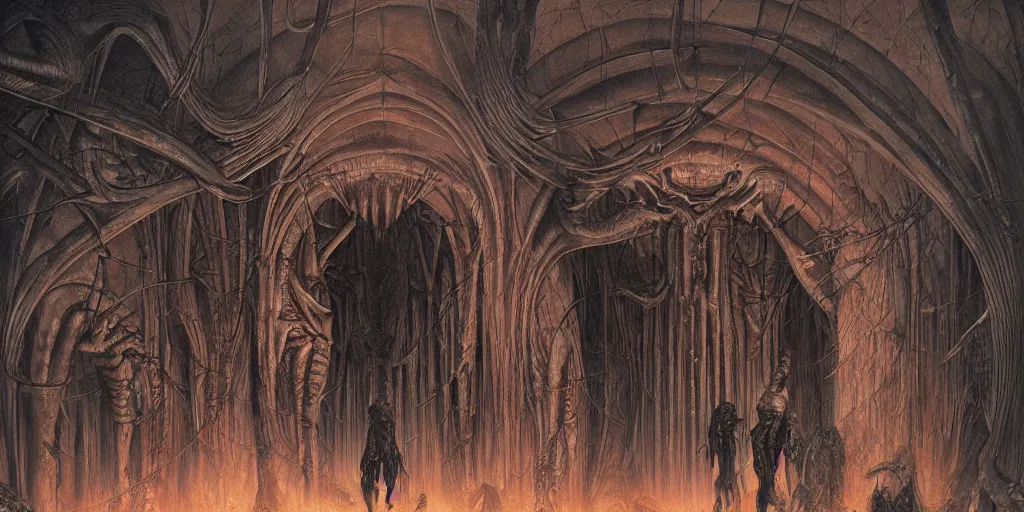 Prompt: halls of iniquity by wayne barlowe and h. r giger