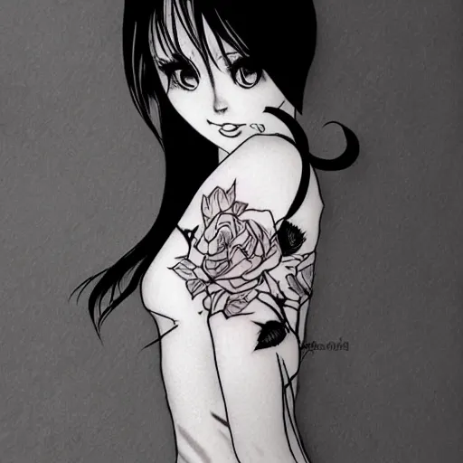 Image similar to tattoo design, stencil, beautiful japanese girls face, roses and ivy surrounding, looking over shoulder by artgerm, artgerm, cat girl, anime