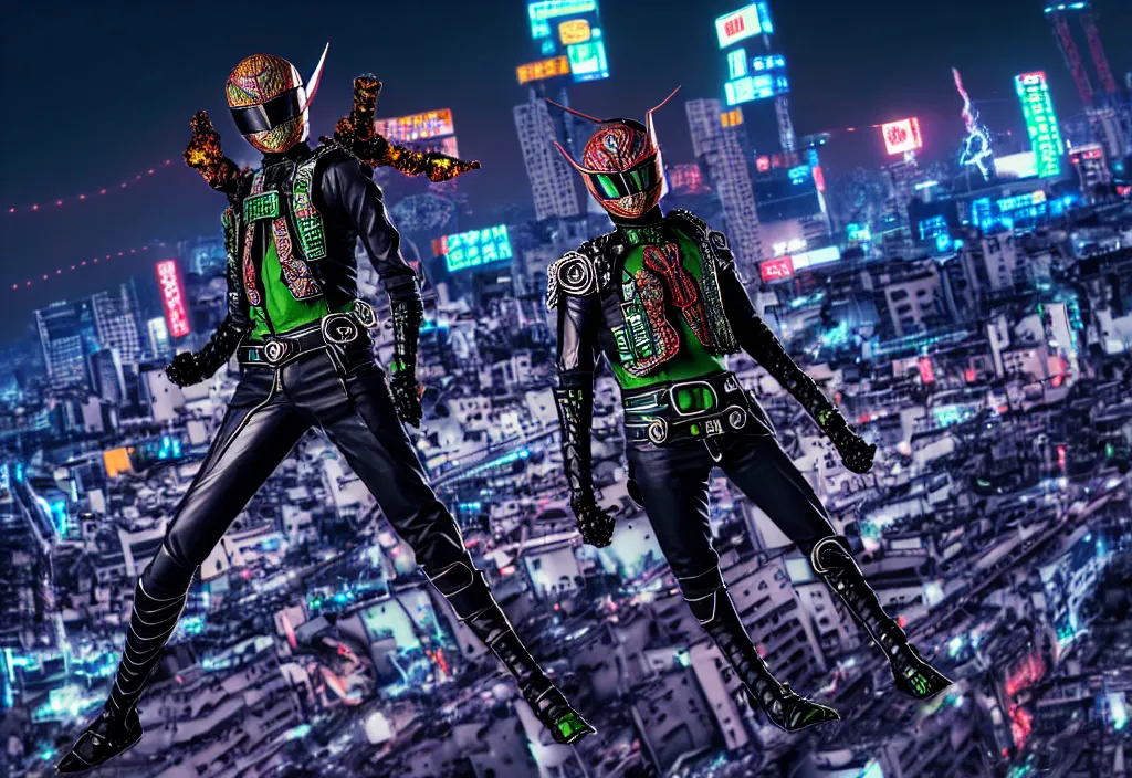 Image similar to belted kamen rider hero action pose, human structure concept art, human anatomy, full body hero, intricate detail, hyperrealistic art and illustration by a. k. a limha lekan a. k. a maxx soul and alexandre ferra, global illumination, blurry and sharp focus, on future tokyo night rooftop, frostbite engine