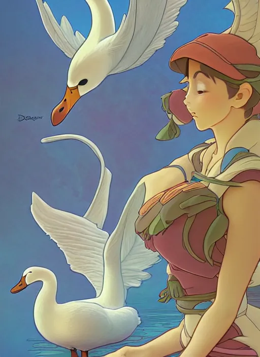 Image similar to cute goose sticker design, natural lighting, path traced, highly detailed, high quality, digital painting, by don bluth and ross tran and studio ghibli and alphonse mucha, artgerm