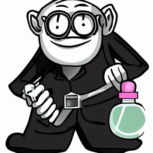 Prompt: The Trollface as an evil scientist holding a vial of oil, full body portrait, labcoat, black and white illustration