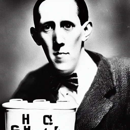 Prompt: hp lovecraft as a milk man, photography, black and white, 8 k,