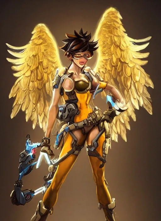 Image similar to full body oil painting of tracer overwatch in the style of frank frazetta, angel wings, angelic golden armor, dramatic painting, symmetrical composition, ornate, golden chains, high detail, gold detailed collar!!!!!, blooming, angelic, lights, flowers, heavenly, bright, detailed face,