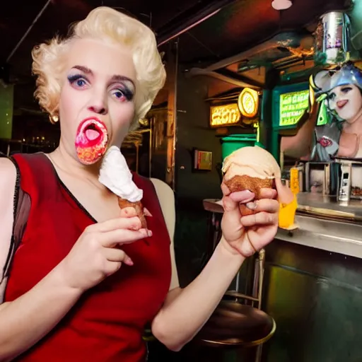 Image similar to marilyn manroe licking a melting ice cream cone sitting in a cyberpunk pub