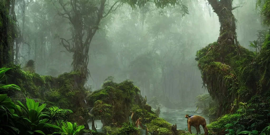 Prompt: a beautiful matte painting of a jungle location filled with green foliage and misty undergrowth, inhabited by various types of animal life and magical plants, by Christophe Vacher and Bastien Lecouffe-Deharme, trending on artstation, vivid color scheme,wide angle,highly detailed,v-ray render,photorealistic,4k render