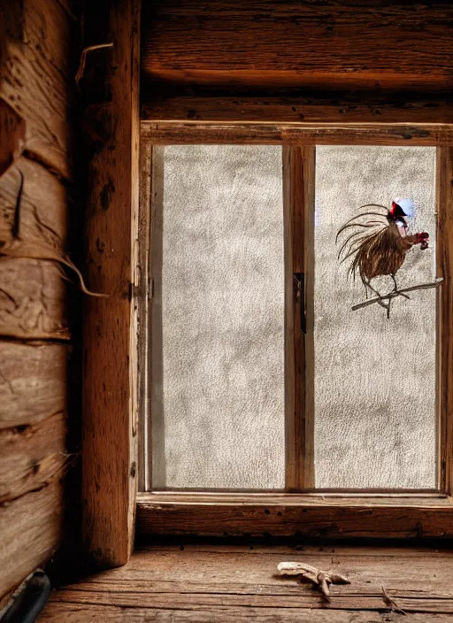 Prompt: a film production still, 2 8 mm, wide shot of a rooster, cabin interior, wooden furniture, cobwebs, spiderwebs, window light illuminates dust in the air, abandoned, depth of field, cinematic