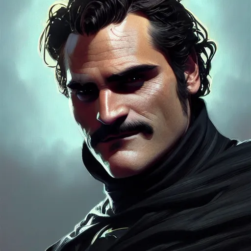 Image similar to handsome Joaquin Phoenix as batman, western, closeup, D&D, fantasy, intricate, elegant, highly detailed, digital painting, artstation, concept art, matte, sharp focus, illustration, art by Artgerm and Greg Rutkowski and Alphonse Mucha