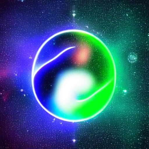 Image similar to digital holographic pixelated ying - yang symbol of taoism on a nebula background, lasers, light streaks