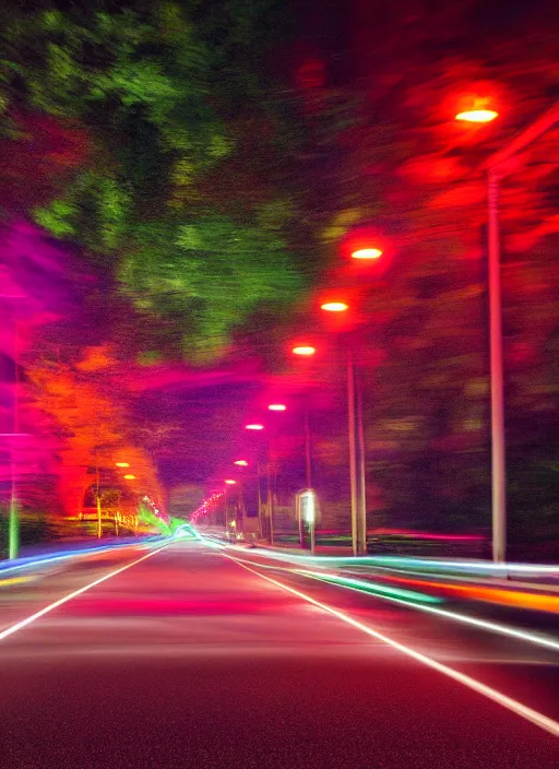 Image similar to Neon night, red lights of the car motion blur, oak alley