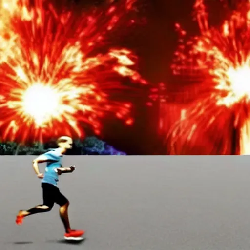 Image similar to cctv footage of a man running across a field, in the background is a large explosion, highly detailed, very realistic.