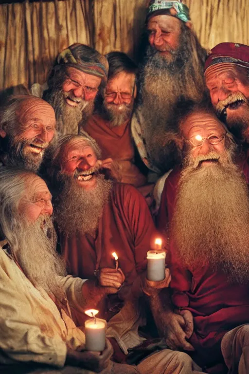 Prompt: a widescreen colorchrome photo of a cabinet full with old laughing happy old men with long hair, long beards, candle light, by steve mccurry