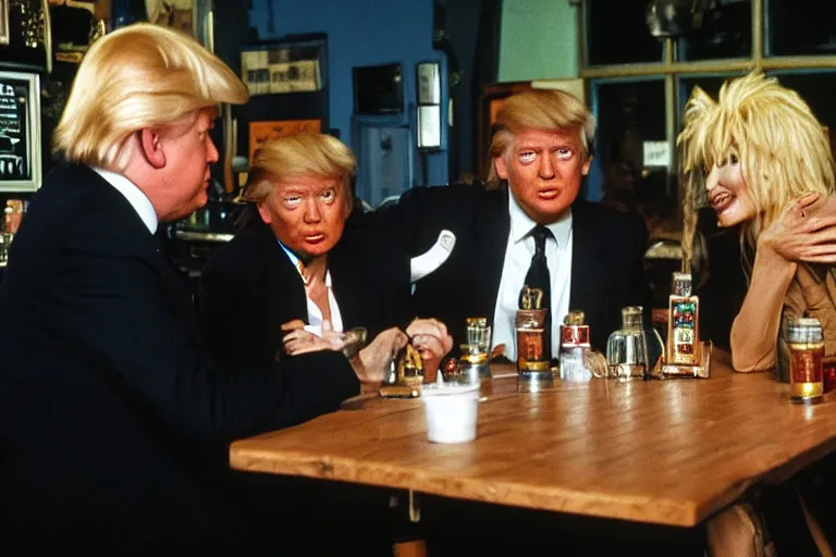 Image similar to Angelina Jolie, boris johnson, The Alien from the movie 'Alien', dolly parton, donald trump are best friends, drinking shots of tequila and snorting cocaine, central perk coffee shop, still photo, hyperrealistic, 35mm, 8k, by weta digital