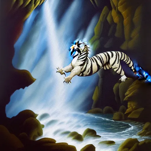 Image similar to oil painting of a dragon flying in the air near a cave with a waterfall in the center, light emanating from the waterfall leading to a big pool of water, dragon has black and white siberian tiger stripes, elegant, sharp focus, wide shot, clear, detailed, early renaissance