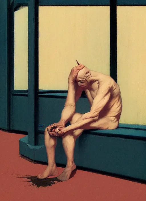 Prompt: a tortured soul on the streets of london edward hopper and james gilleard, zdzislaw beksinski, in the style of francis bacon, surreal, norman rockwell and malcolm liepke james jean, greg hildebrandt, and mark brooks, triadic color scheme, by greg rutkowski, in the style of syd mead