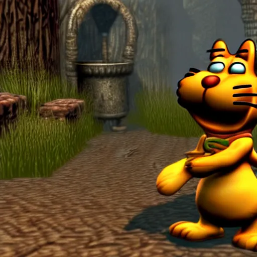 Image similar to garfield drinking from a vase in morrowind, retro pc graphics, video game screenshot