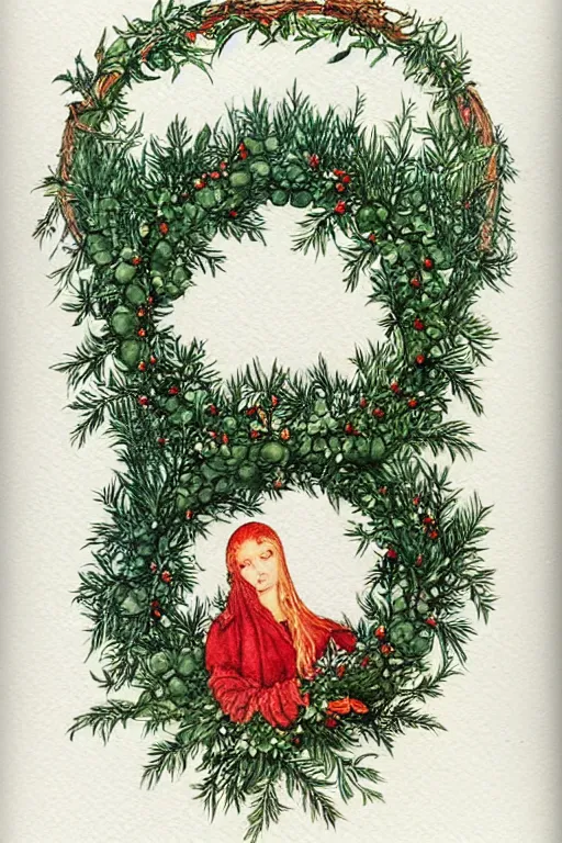 Prompt: realistic watercolor painting of a wreath of holly on a white background, detailed art by kay nielsen and walter crane, illustration style, watercolor