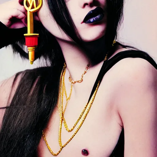Image similar to close-up, color slide, Kodak Ektachrome E100, studio photographic portrait of a young pale, Goth, Attractive girl, wears ankh pendant and earrings, Comic book character, member of the Endless, Nikon camera, 75mm lens, f/2.8 aperture, HD, casual, realistic, punk, Bokeh, saturated color, masterpiece image, shutterstock, Curated Collections, Sony World Photography Awards, Pinterest, by Annie Leibovitz