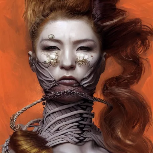 Image similar to portrait of a Shibari rope wrapped face and neck, headshot, insanely nice professional hair style, dramatic hair color, digital painting, of a old 15th century, roman soilder, amber jewels, baroque, ornate clothing, scifi, realistic, hyperdetailed, chiaroscuro, concept art, art by Franz Hals and Jon Foster and Ayami Kojima and Amano and Karol Bak,