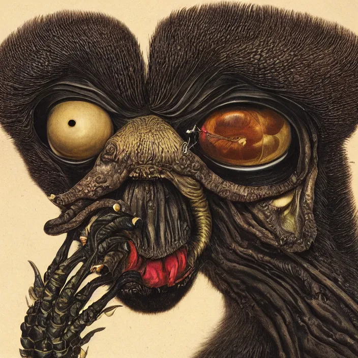 Prompt: close up portrait of a mutant monster creature with giant flaming protruding eyes bulging out of their eye sockets, exotic black orchid - like mouth, insect antennae by jan van eyck, walton ford