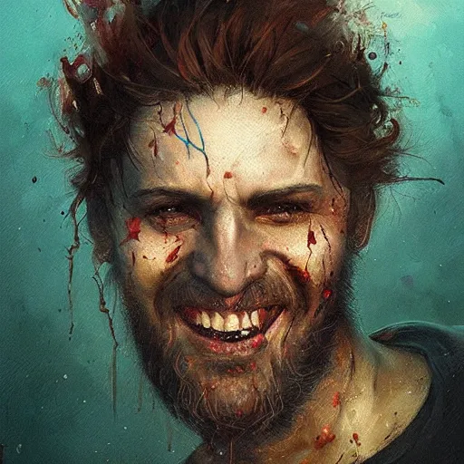 Prompt: greg rutkowski, anna podedworna, painting of smiling spanish man, goatee, unkempt wavy hair, teal eyes, scars