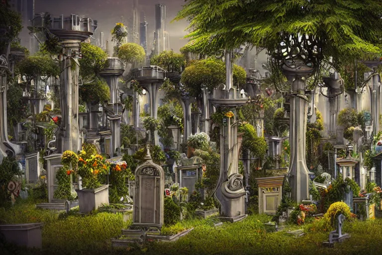 Image similar to elegance futuristic foliage overgrowing favela graveyard honeybee hive, art nouveau environment, industrial factory, award winning art, epic dreamlike fantasy landscape, ultra realistic,