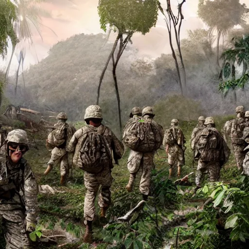 Prompt: an army of american soldiers wearing camouflage standing in the ruins of a destroyed monastery, they are in a jungle with vines everywhere, digital art, artstationhq