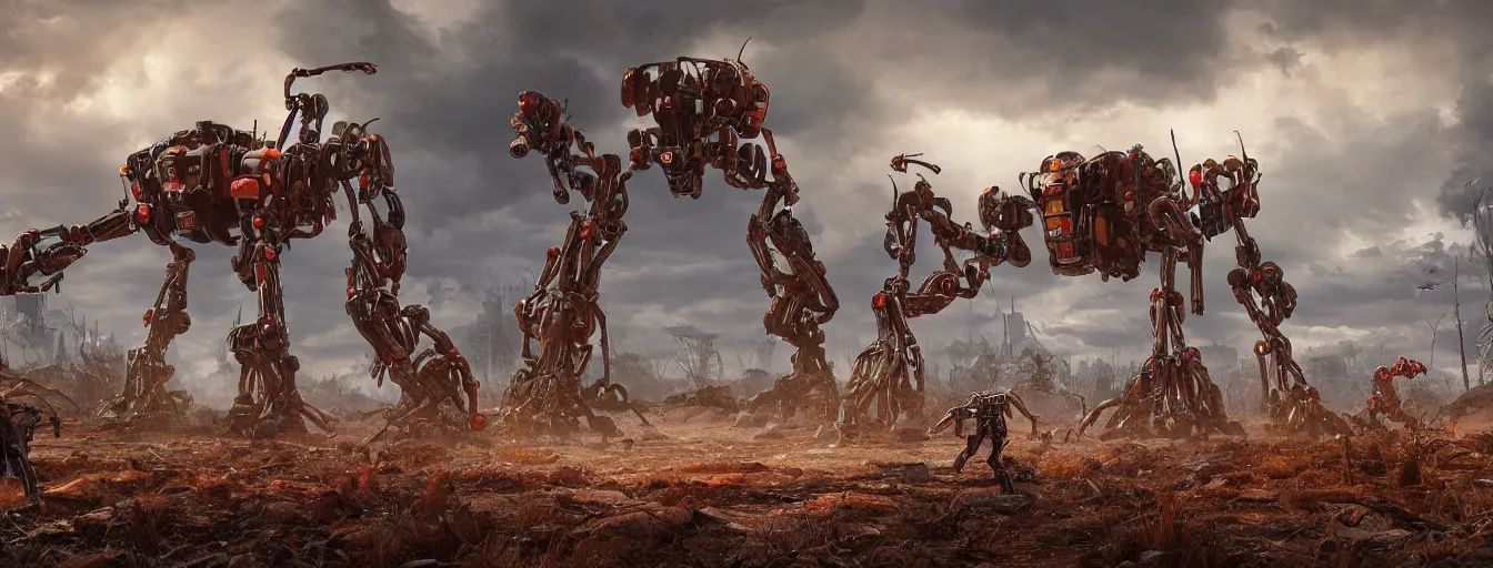 Prompt: snapshot of scene, where gigantic 8 legs spider mech robot running and hunting remaining humans in a post - apocalyptic world, high detail, saturated colors, by james paick, render unreal engine - h 7 0 4