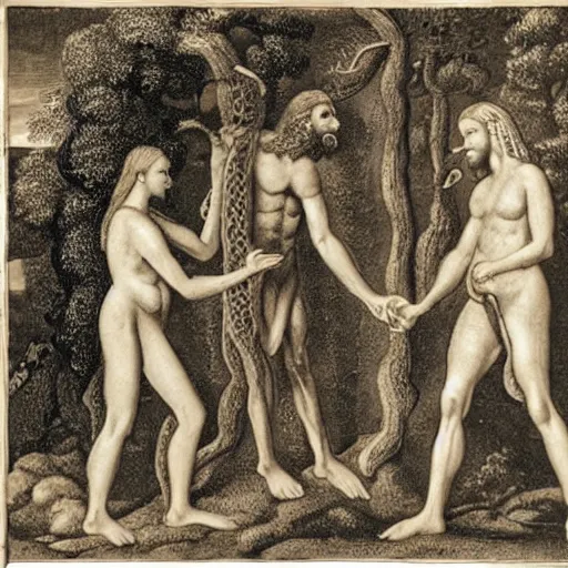 Prompt: adam and eve shaking hands with an anthromorphic snake