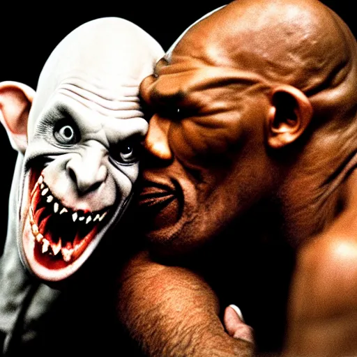 Image similar to portrait of nosferatu biting off mike tyson's ear, correct faces, uhd hyperdetailed photo by annie leibowitz 5 0 mm lens