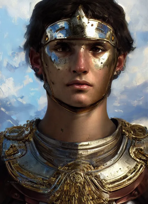 Image similar to close - up portrait of an ancient roman character in chrome ornate armor, by ilya kuvshinov, by thomas lawrence, by bayard wu, trending on artstation, masterpiece