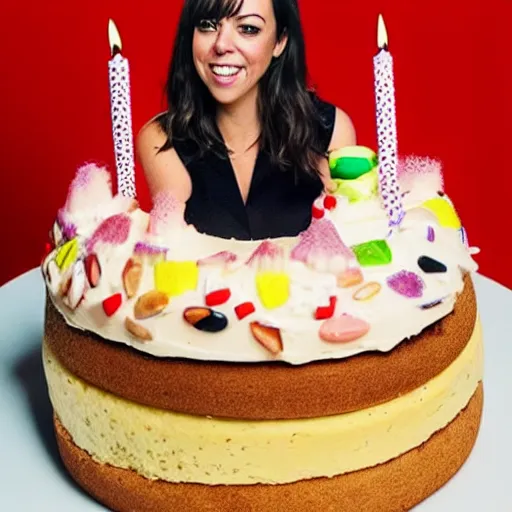 Prompt: aubrey plaza as a birthday cake : : highly detailled food photography,