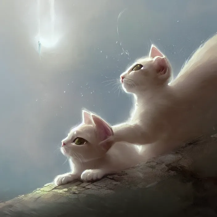 Image similar to a painting of a cute light beige kitten at a river. dark brown ears and face and legs and tail. white paws. character design by cory loftis, fenghua zhong, ryohei hase, ismail inceoglu and ruan jia. volumetric light, detailed, rendered in octane