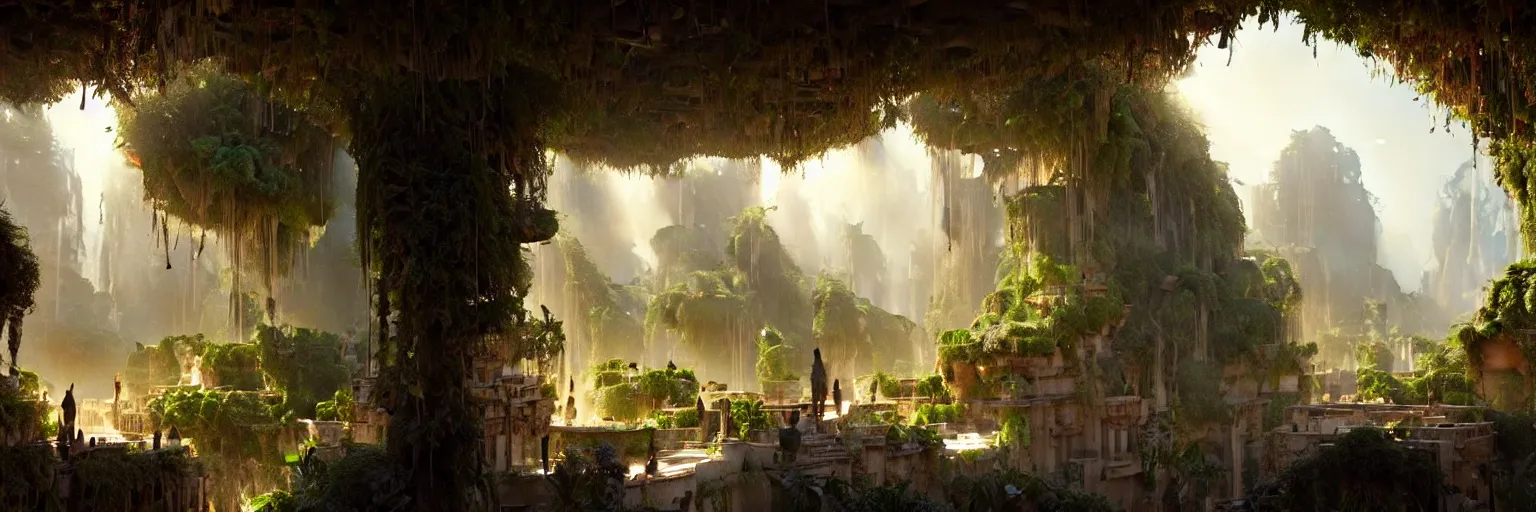 Image similar to a cinematic scene from the hanging gardens of babylon, concept art by james gurney and greg rutkowski, dramatic lighting, ultra hd, hdr, 8 k