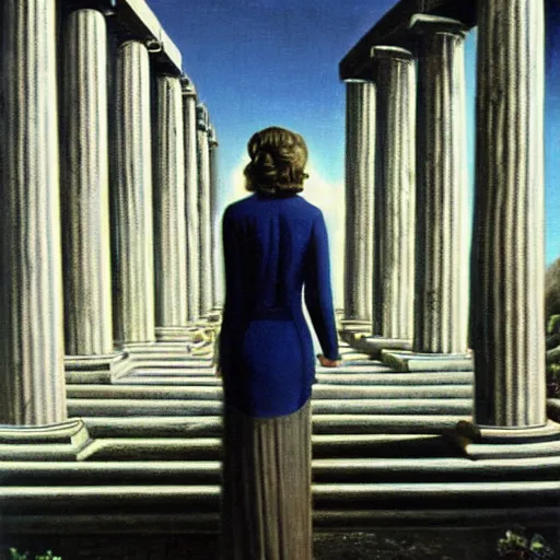 Image similar to a woman in a long dark blue dress is standing in front of a greek temple, by carel willink