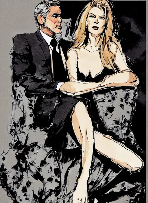 Image similar to george clooney wearing a formal black suit and kim basinger wearing a red dress in love sitting, in the style of ashley wood, in the style of ashley wood, wylie beckert, sam weber, joao ruas, kelsey beckett, james jean