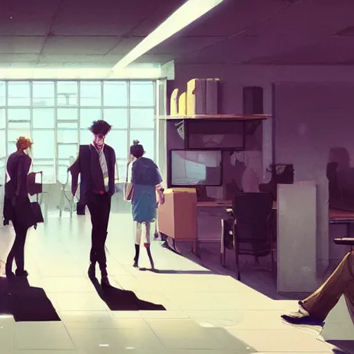 Prompt: human people walking among employee in an office, highly detailed,, artstation hd, deviantart, by madgwick,, greg rutkowski, artgerm, takato yomamoto, ilya kuvshinov, ross tran, conrad roset