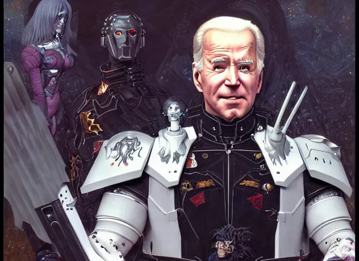 Image similar to portrait of joe biden goth cyborg with white hair in warhammer armor, art by kuvshinov ilya and wayne barlowe and gustav klimt and artgerm and wlop and william - adolphe bouguereau