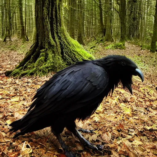 Image similar to !!! chimera consisting of male human and crow, photograph captured in a forest